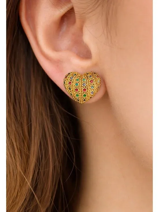 Nina Ricci Gold Tone Heart Clip On Earrings Red Green Rhinestones 1" - Picture 1 of 8